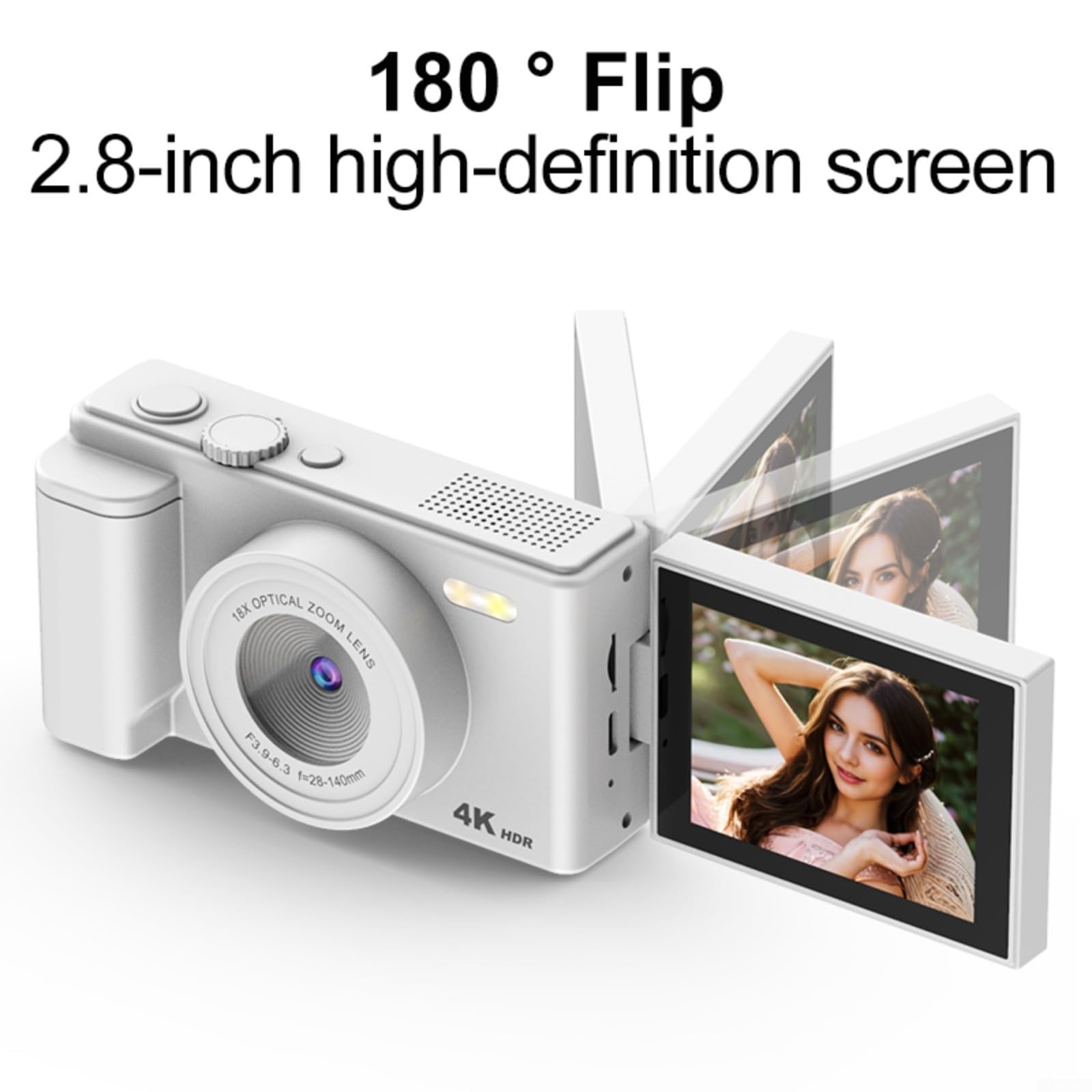 Fotocamera digitale da 64 MP 4K con zoom 16X e schermo a ribalta, telecamera compatta per vlogging per viaggi, studenti e selfie (bianco 32G)