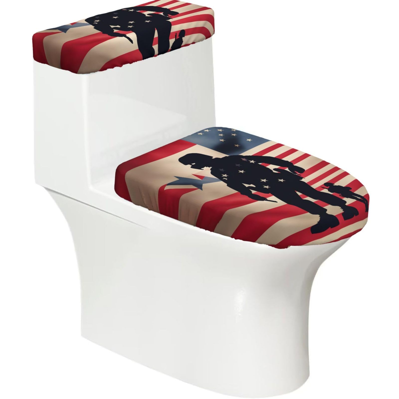 US Military Soldiers Patriotic Memorial Day Printed Toilet Tank and Lid Cover Set of 2 for Most Bathrooms, Fits Elongated Round Toilets