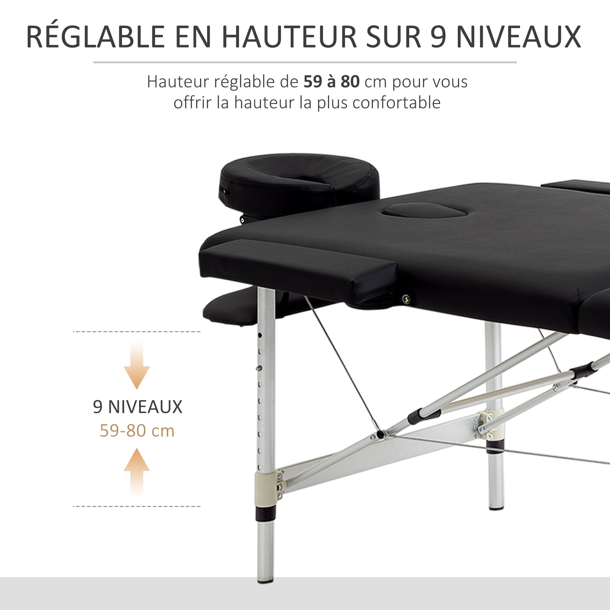 HOMCOM Table de Massage Pliante cosmétique lit de Massage Portable Charge Max. 225 Kg Hauteur réglable Cadre en Alliage d'aluminium Noir