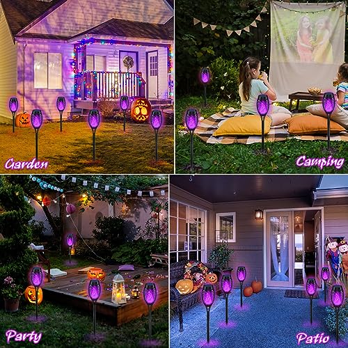 IkeeRuic Halloween Decorations Outdoor, Purple Halloween Solar Lights with Flickering Flame, Solar Torch Lights for Yard Decorations, Waterproof Outdoor Lighting for Garden Pathway Patio Outside Decor