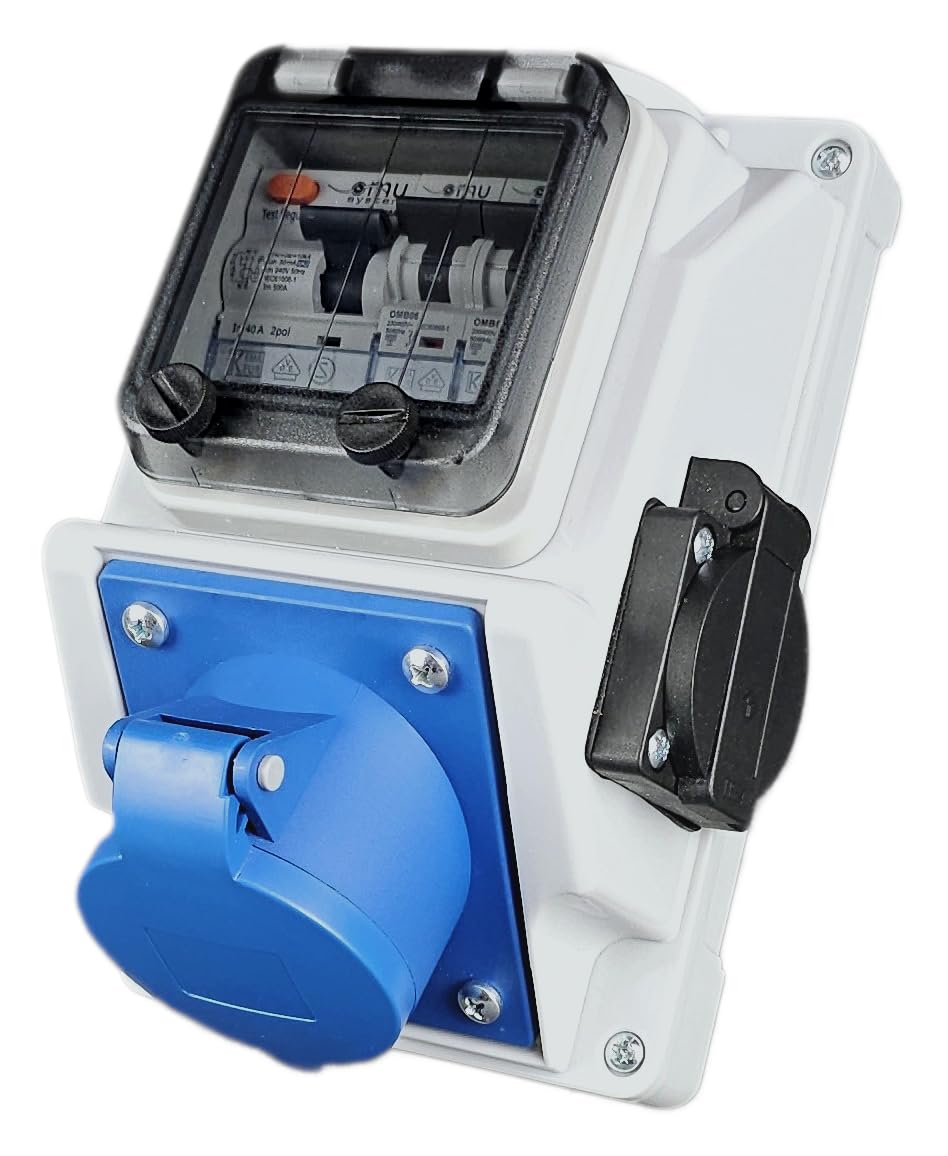 RoadEu - Wall Outlet 230V with 16Amp and 13Amp Standard UK Socket and Circuit Breakers C16A and C13A - RCD 40A 30mA, Monophase, Waterproof IP54. Perfect for workshops, Gardens and Sheds.