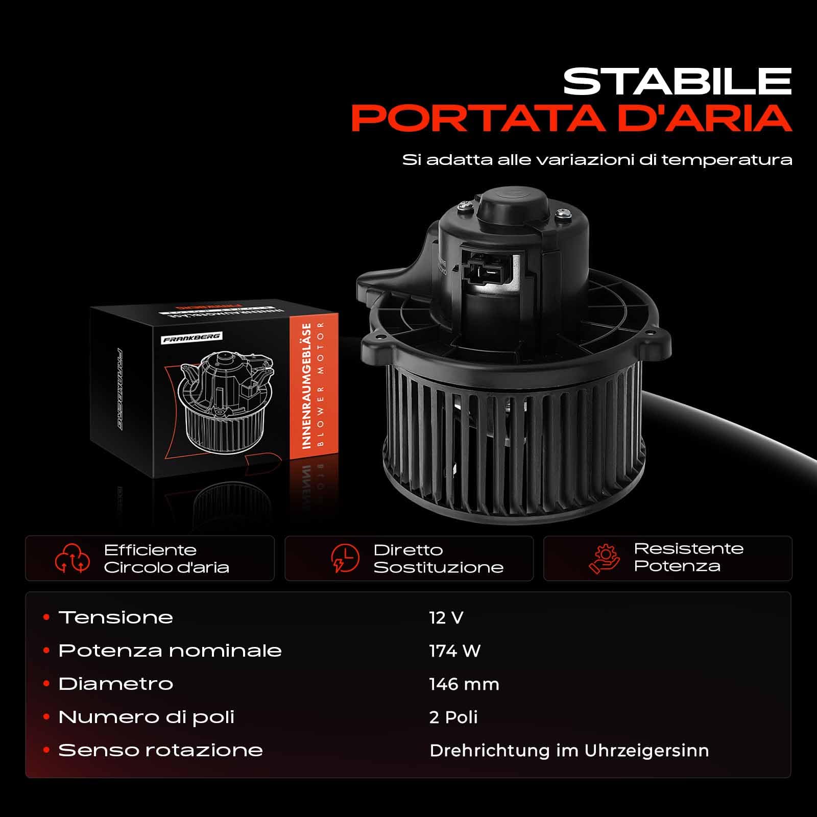 Frankberg Motore del ventilatore Ventilatore del riscaldamento Compatibile con Daily II Furgone Daily II Bus Daily II Kipper Replace# 93930687