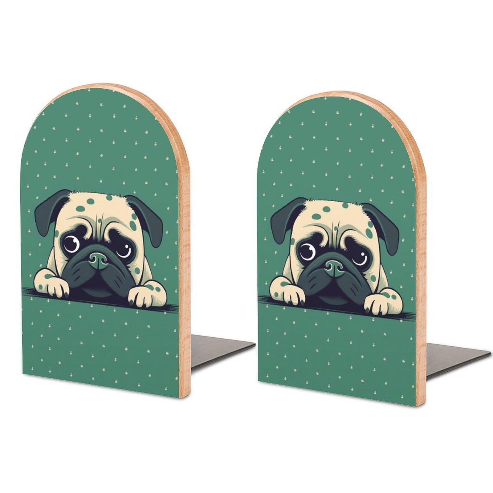 Beech Wood Book Ends Pug Green Polka Dot Printed Bookend for Shelves Home Decorative Bookends for Heavy Books for Office Bookshelves