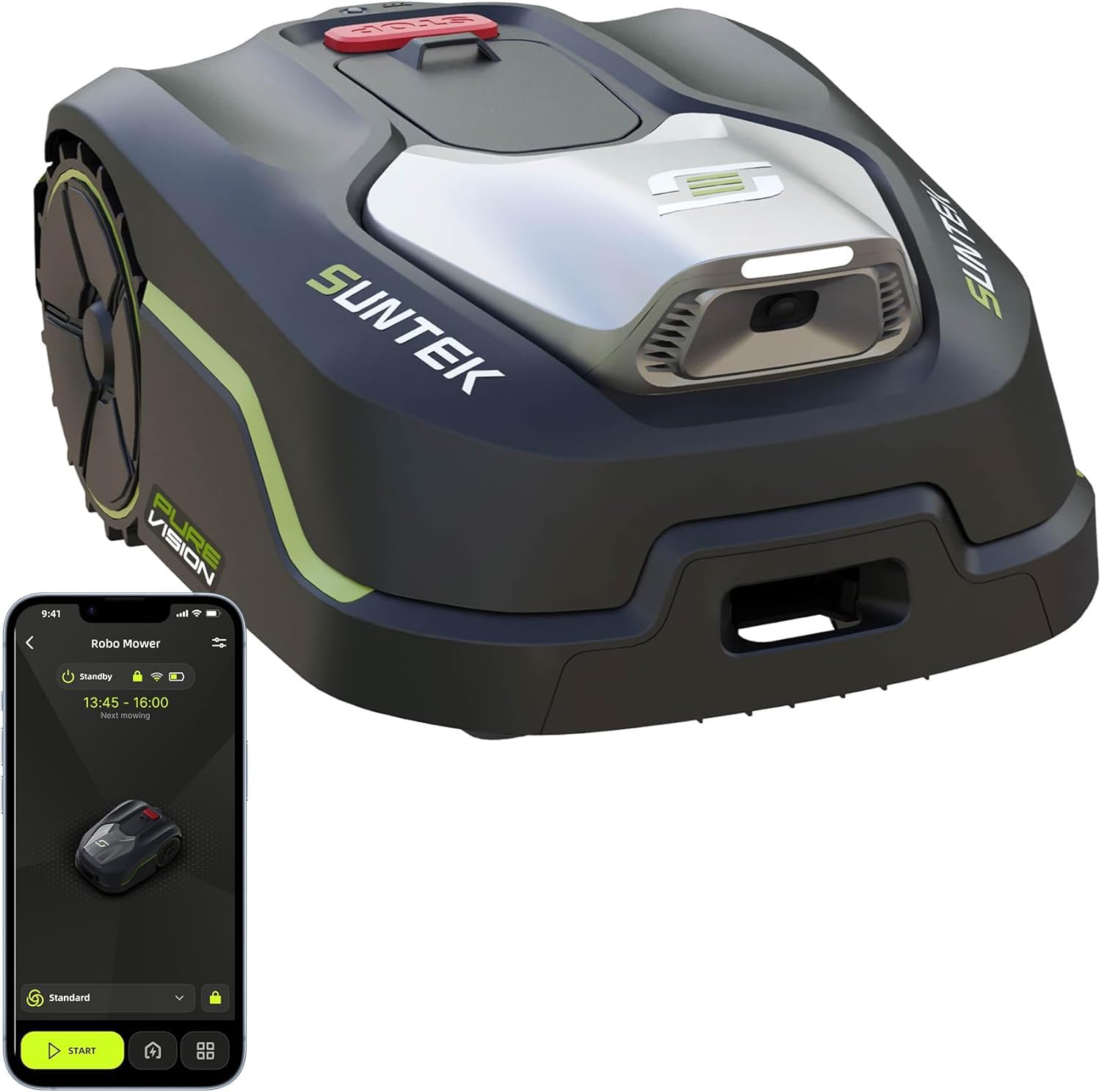 SUNTEK Robot cortacésped inalámbrico periférico – Robot Recortadora IA + visión para 600 m², tecnología IA cámara, Pendiente hasta 35°, estanqueidad IPX5, cartografía automática, multizonas, Control