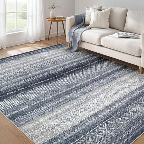 Nakagishi 5x7 Area Rugs Living Room: Washable Boho Large Neutral Soft Rug Modern Stain Resistant Moroccan Indoor Non Slip Floor Carpet for Bedroom Nursery Kids Playroom Office Dining Room Dorm- Blue
