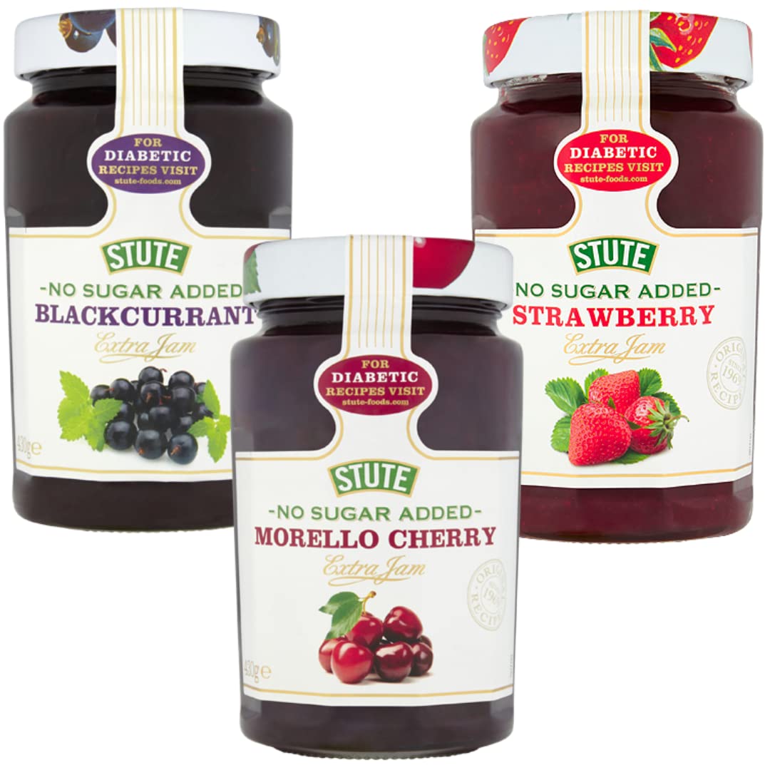 Diabetic Jam Bundle with Stute Diabetic Strawberry Jam 430g, Blackcurrant Jams 430grams & Morello Cherry Jams 430grams (3 Pack)