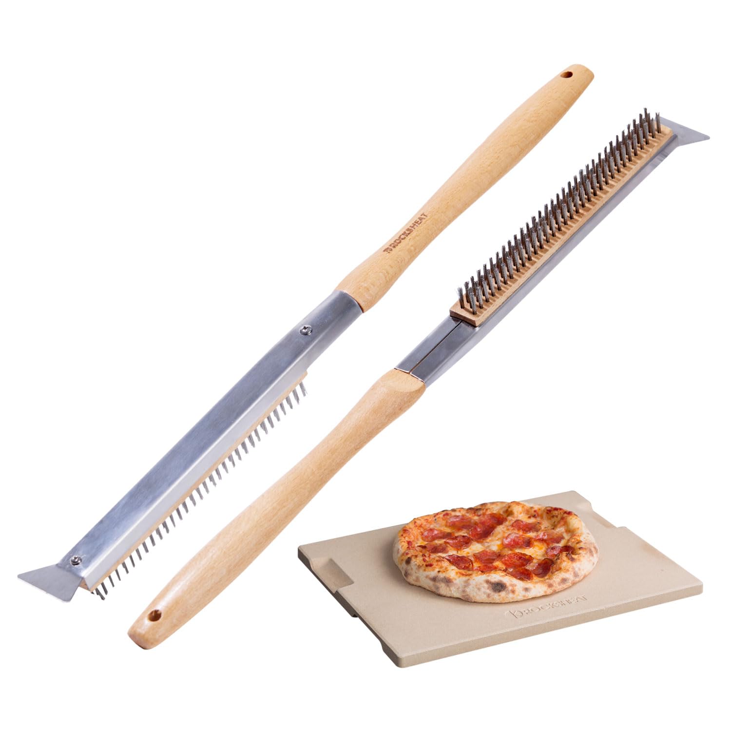15x12 Inch Pizza Stone and Brush Set, Rectangle Pizza Baking Stone with Stainless Steel Bristle Grill Brush for Oven, Grill, BBQ, Cordierite Cooking Stone
