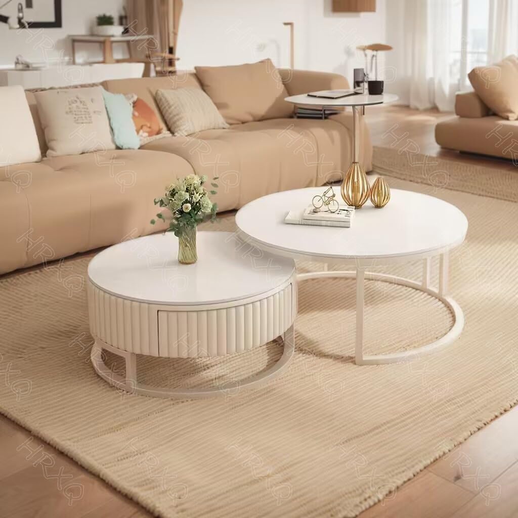 Runder Couchtisch Weiß Couchtisch Rund 2er Set Wohnzimmertisch Nesting Kaffeetisch Für Wohnzimmer, Balkon Und Büro - 70cm+50cm