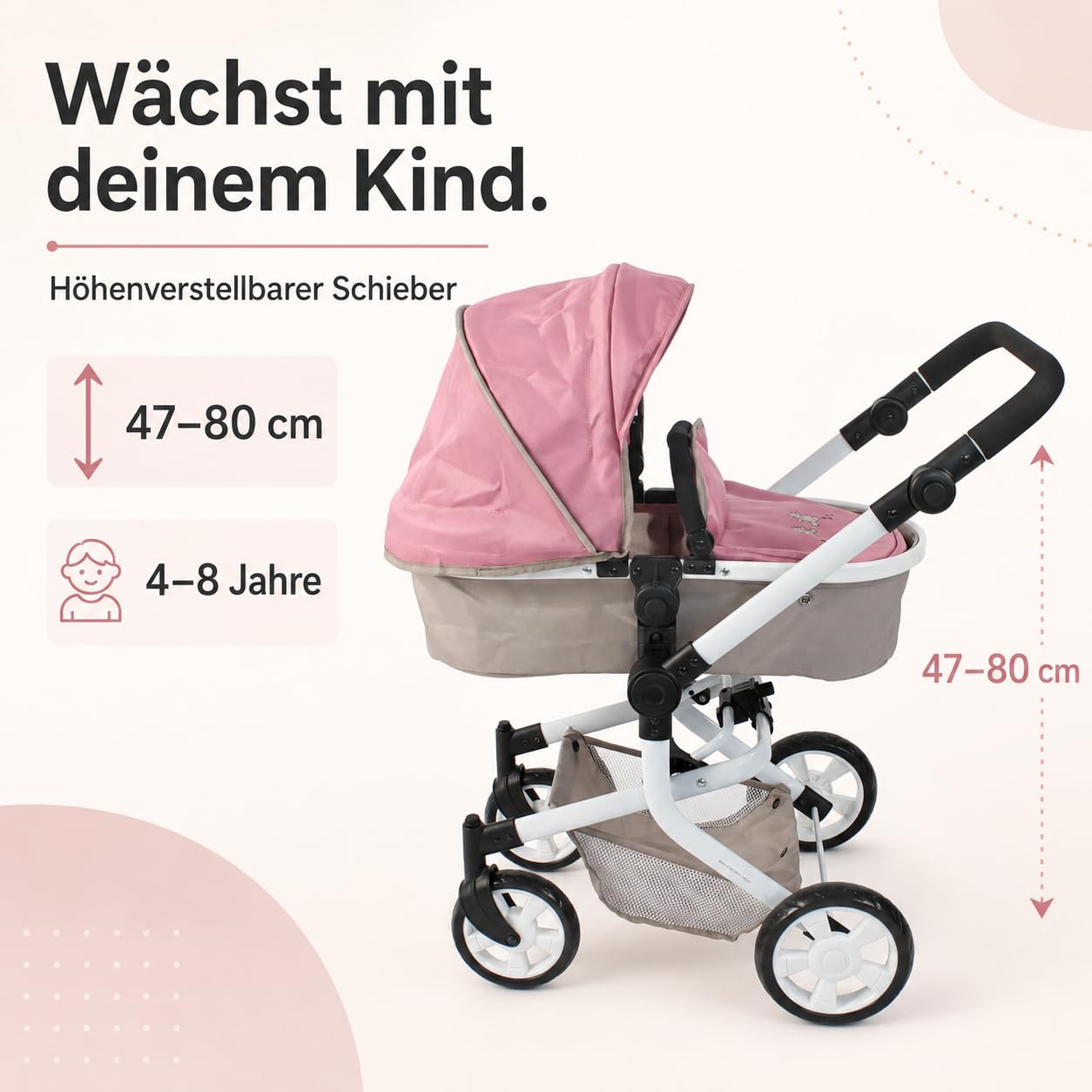 Bayer Chic 2000 Poussette poupée Mika 2 en 1 Pliable et réglable | Poussette poupée 2 en 1 pliable avec poignée réglable (47-80 cm), pour poupées jusqu'à 52 cm.
