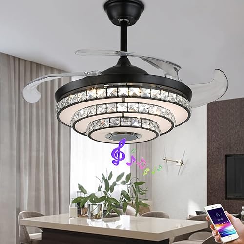 Ventiladores de techo retráctiles de 42 pulgadas con control remoto de luces lámpara de cristal moderna con altavoz Bluetooth motor silencioso