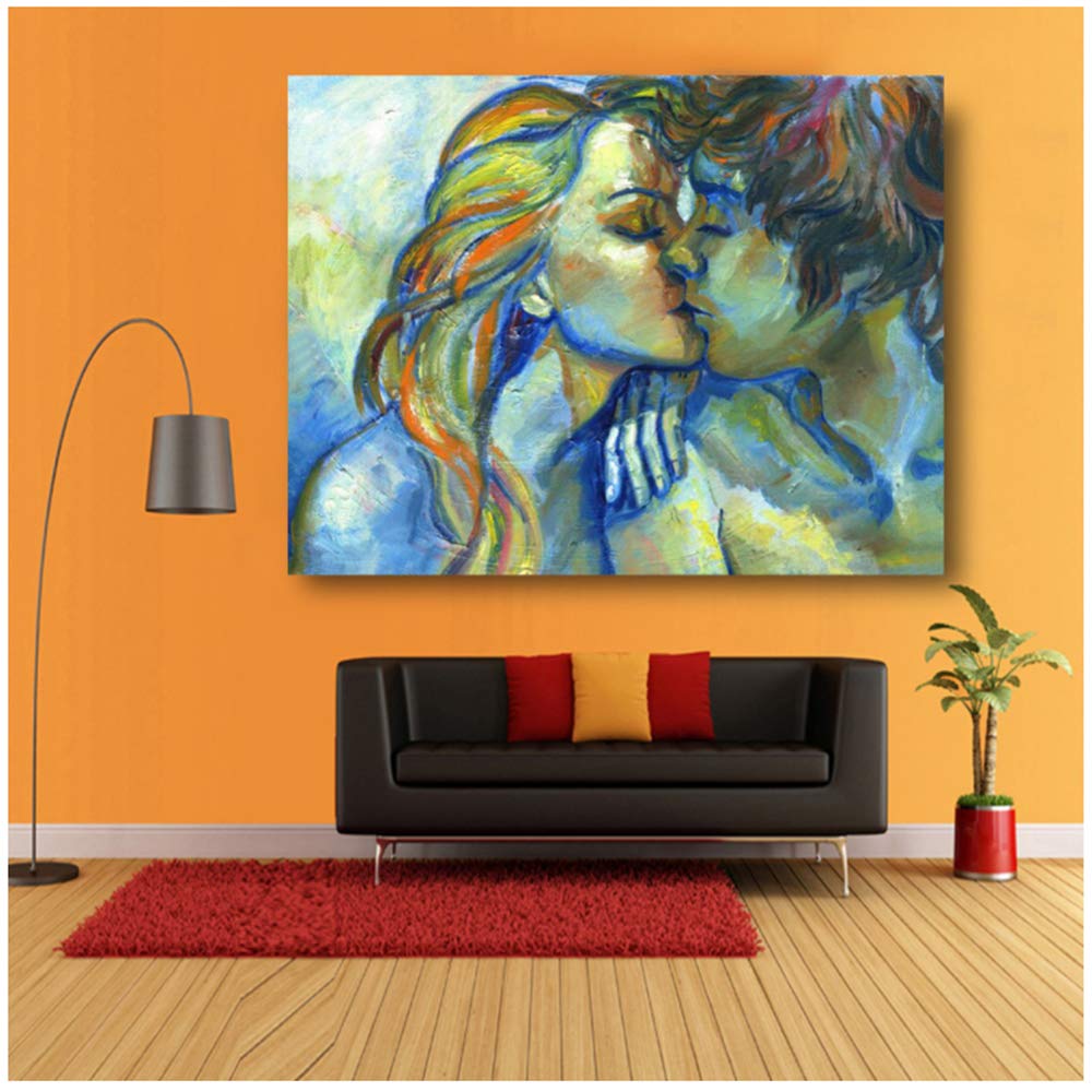 HYFBH Una giovane coppia innamorata Dolce bacio HD Tela Quadri dipinti ad olio Stampe Poster Immagini per pareti per la decorazione domestica Soggiorno 40x60cm (15.7 "x23.6) Con cornice