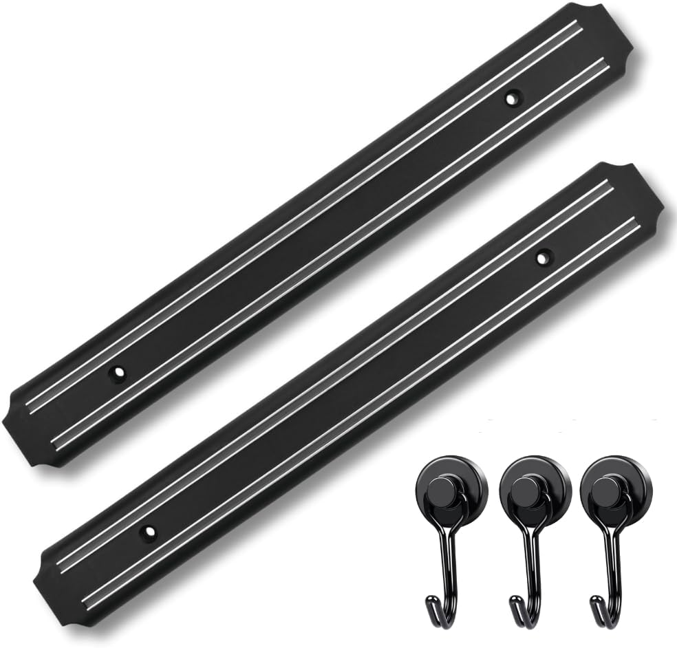 Magnetic Knife Strip for Wall - Extra-Strong Magnet Knife Holder Strip (15 Inch X Set Of 2) & 3 Powerfull Magnetic Hooks - Securely Holds Kitchen Knives - Space-Saving Magnetic Knife Holder For Wall