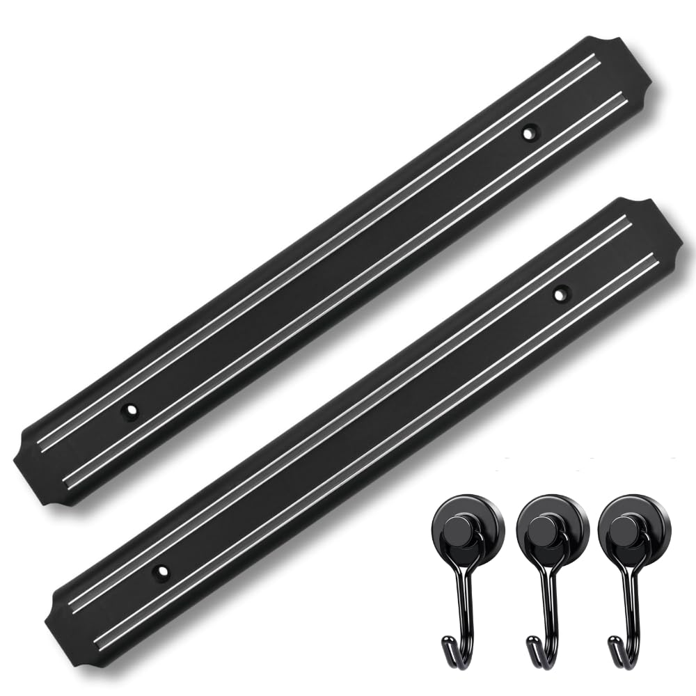 Magnetic Knife Strip for Wall - Extra-Strong Magnet Knife Holder Strip (15 Inch X Set Of 2) & 3 Powerfull Magnetic Hooks - Securely Holds Kitchen Knives - Space-Saving Magnetic Knife Holder For Wall