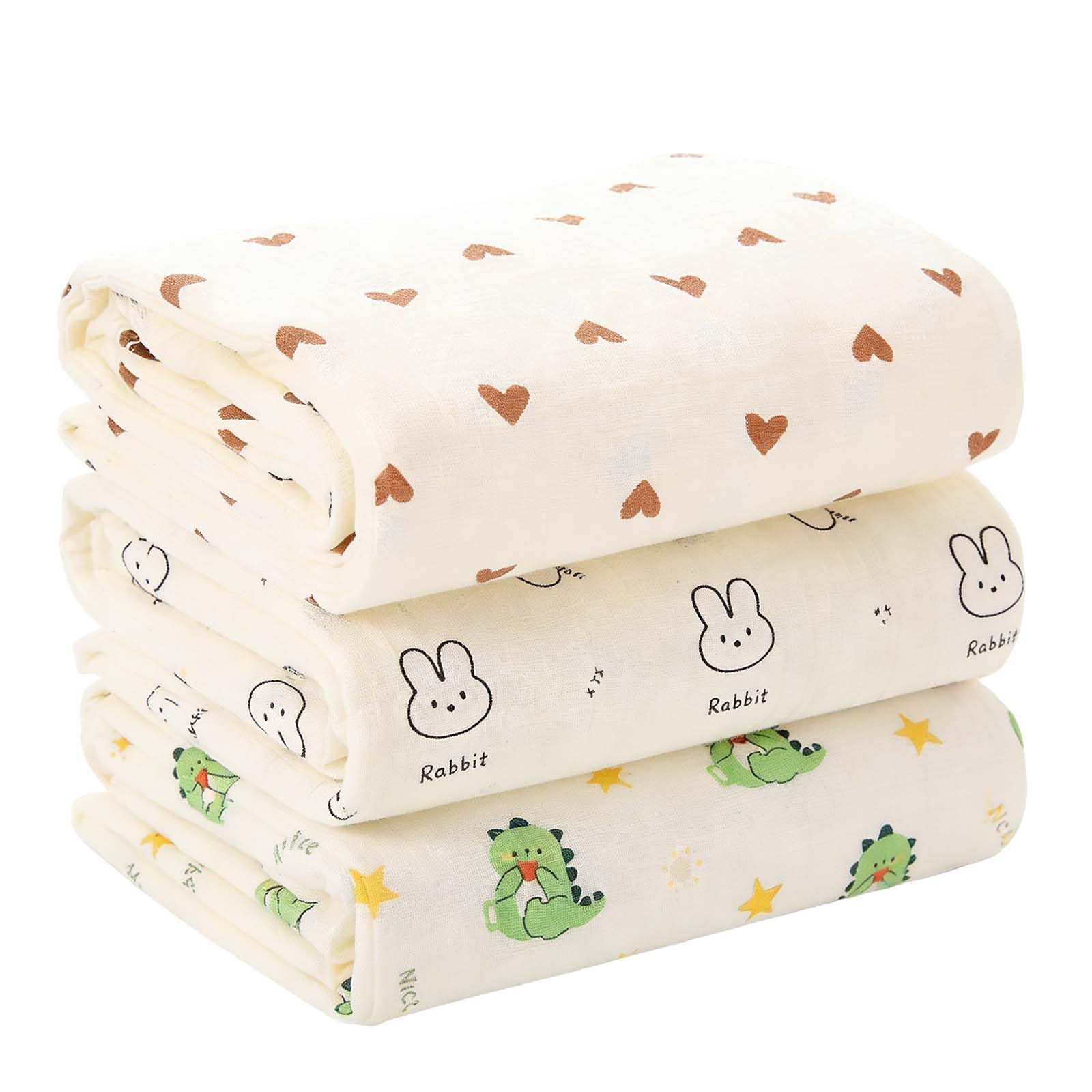 Rthynti 3 Pcs Muslin Cloths for Baby Heart Motif Cotton Baby Muslin Cloths 100×100 cm, Baby Blanket for Newborn New Baby Gifts for Moms