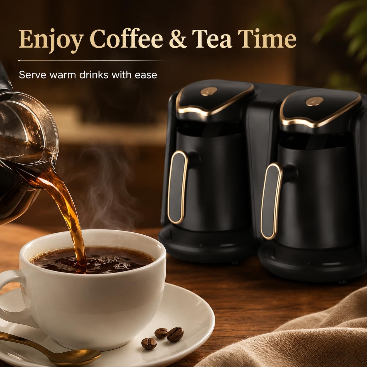 Macchina da caffè turca elettrica, 1200 W, doppia pentola, capacità 1 l, protezione anti-trabocco e a secco per una perfetta infusione