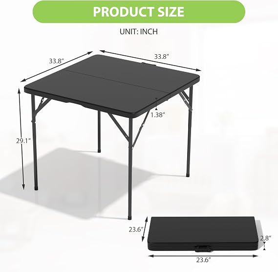 34 Inch Foldable Table,Portable Tables Folding,Folding Square Table,for Outdoor,Indoor,Picnic and Camping,Light and Convenient,Black