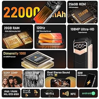 DOOGEE V Max Rugged 5G Téléphones Portables Débloqués, 22000mAh, 20GB + 256GB, Dimensity 1080 Octa Core, 108MP (Infrarossi 20MP)+ 16MP + 32MP Outdoor Smartphones, 6,58 pollici, Noir