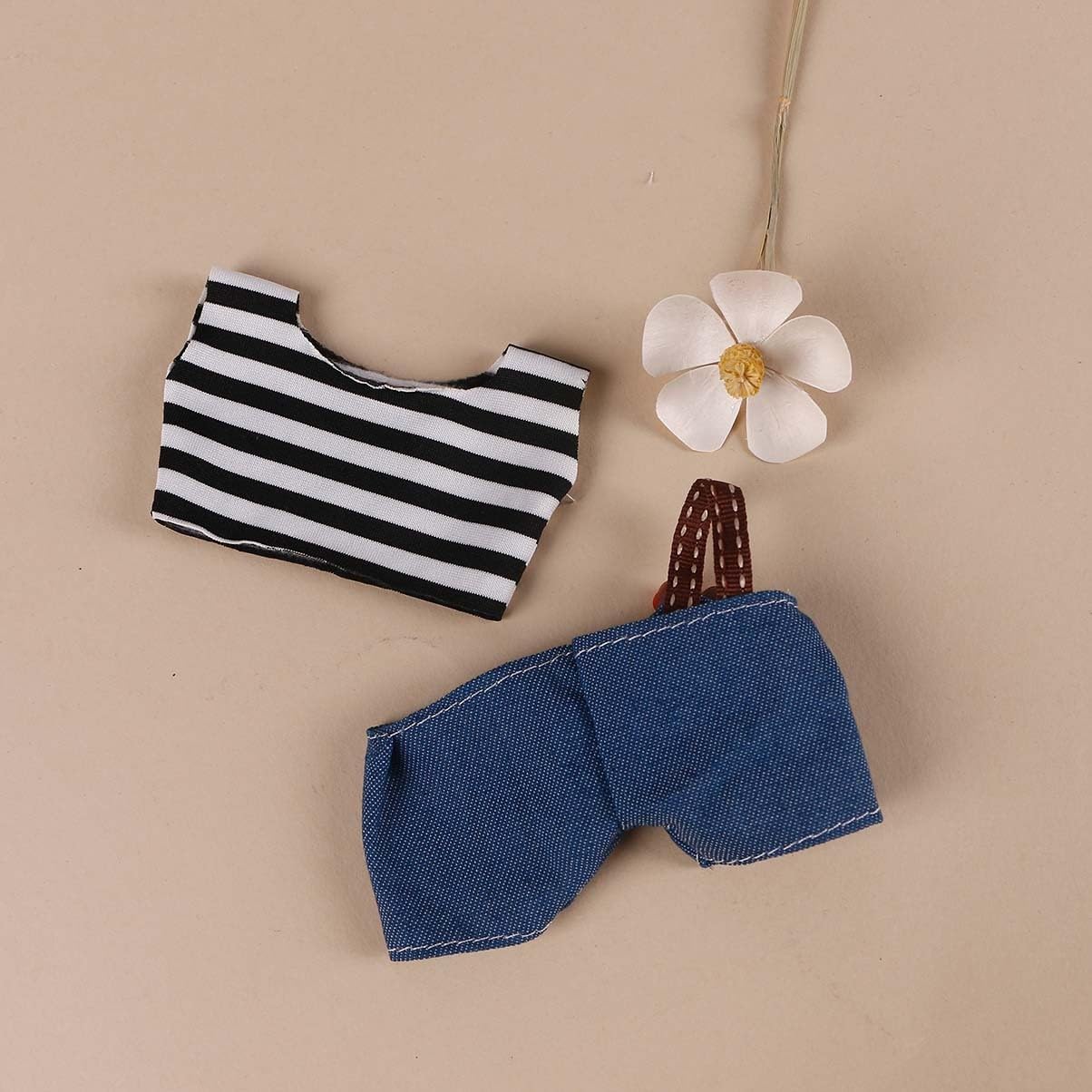 Compatible with Labubu (NO Doll) - Black-White Striped Top + Denim Overalls with Doll Decor, 15cm/17cm Doll Clothing (Black-White)