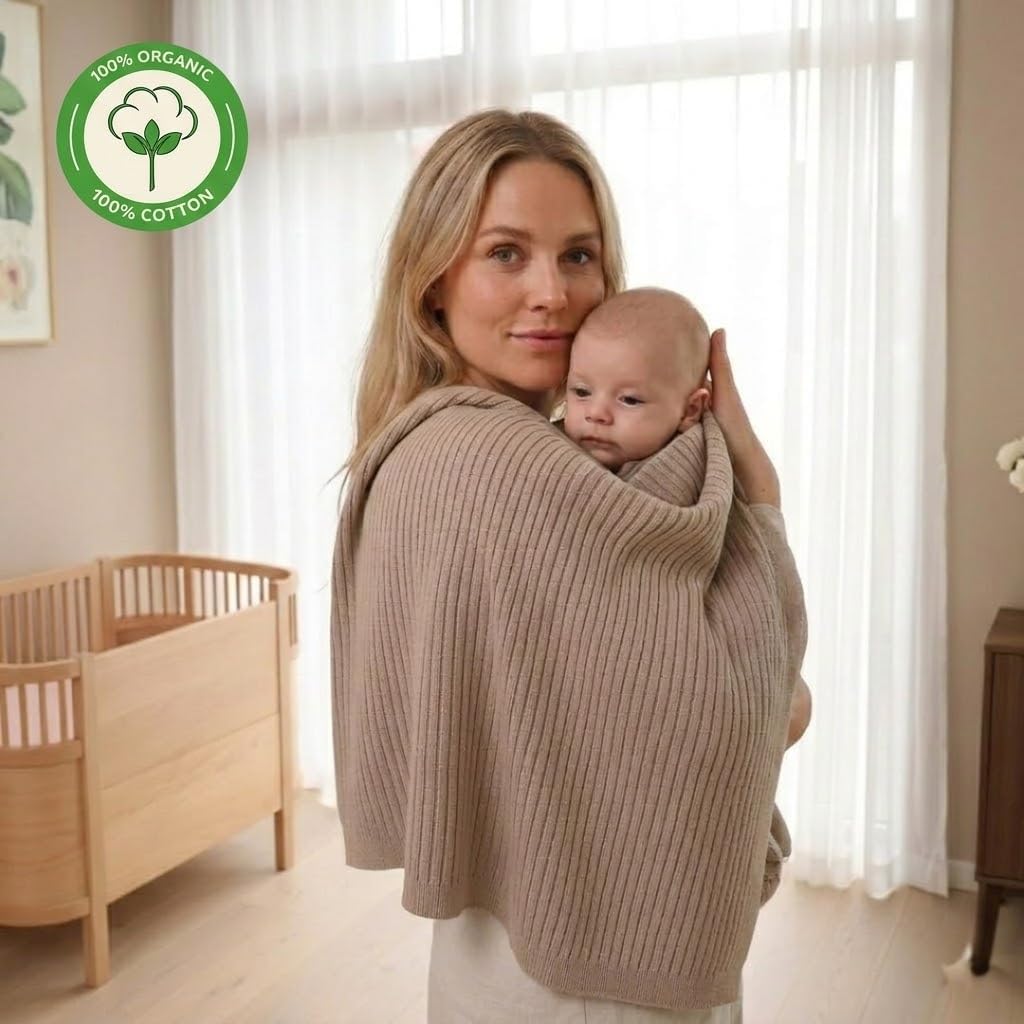 Knitted Organic Cotton Baby Blanket- Swaddle Blanket, 30" x 40" Soft Receiving Blanket for Newborn (Mochachino)