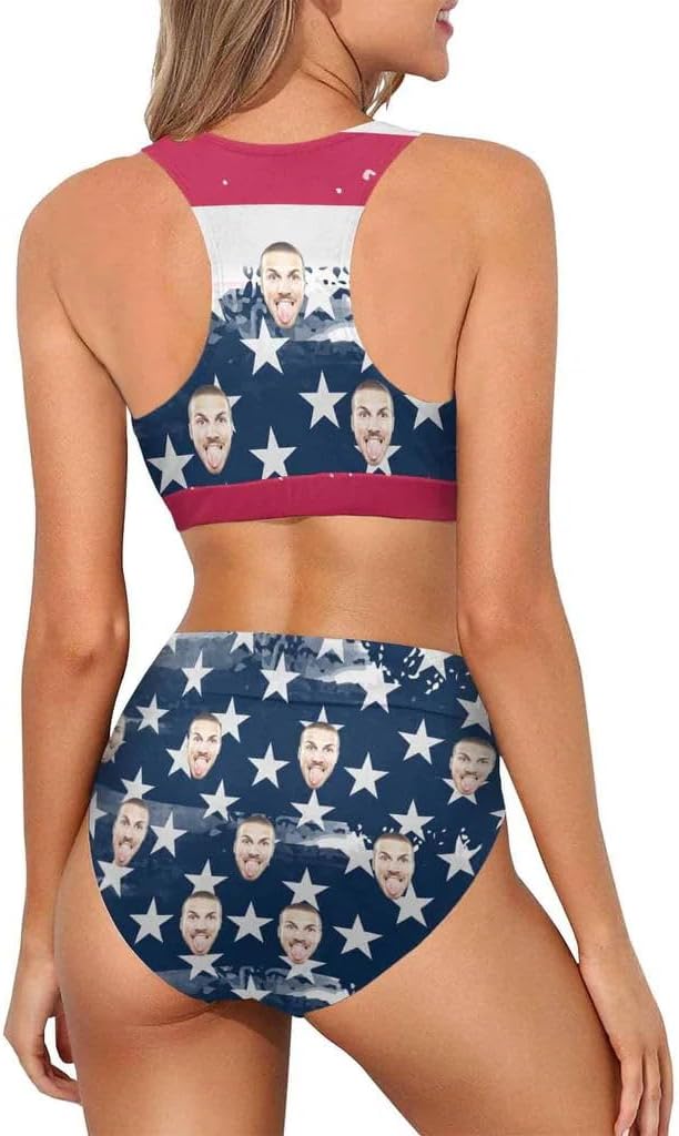 Custom Face American FlagBikini, Personalized Women's Halter Neck Tie One Piece Swimsuit Sexy Backless Wide Straps V Neck