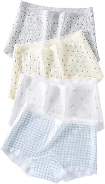 Womens Cotton Boxers Cute Floral Plaid Lace Panties 4 Pack Flower Girls Kawaii Soft Breathable Stretchy Underwear