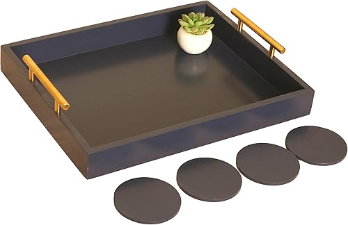 Miniatura 8 de Bandeja decorativa con asas de metal plateado pulido, organizador de barra de café para sala de estar y baño, bandeja moderna para acento azul mar