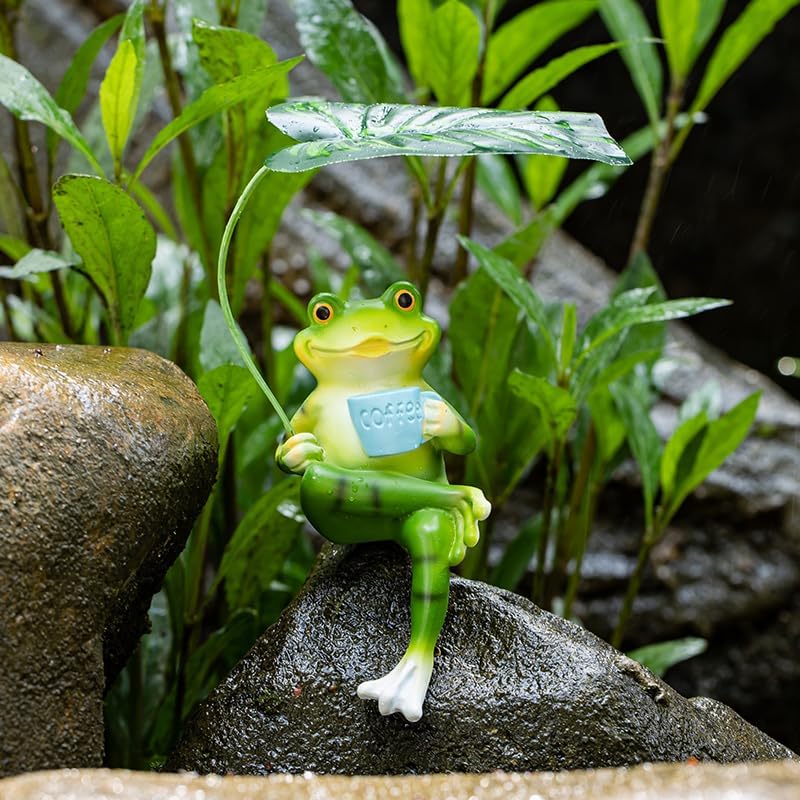 Miniatura 3 de Adorable estatua de jardín de animales con paraguas  Encantadora decoración al aire libre para patio, patio o jardín (café de rana)