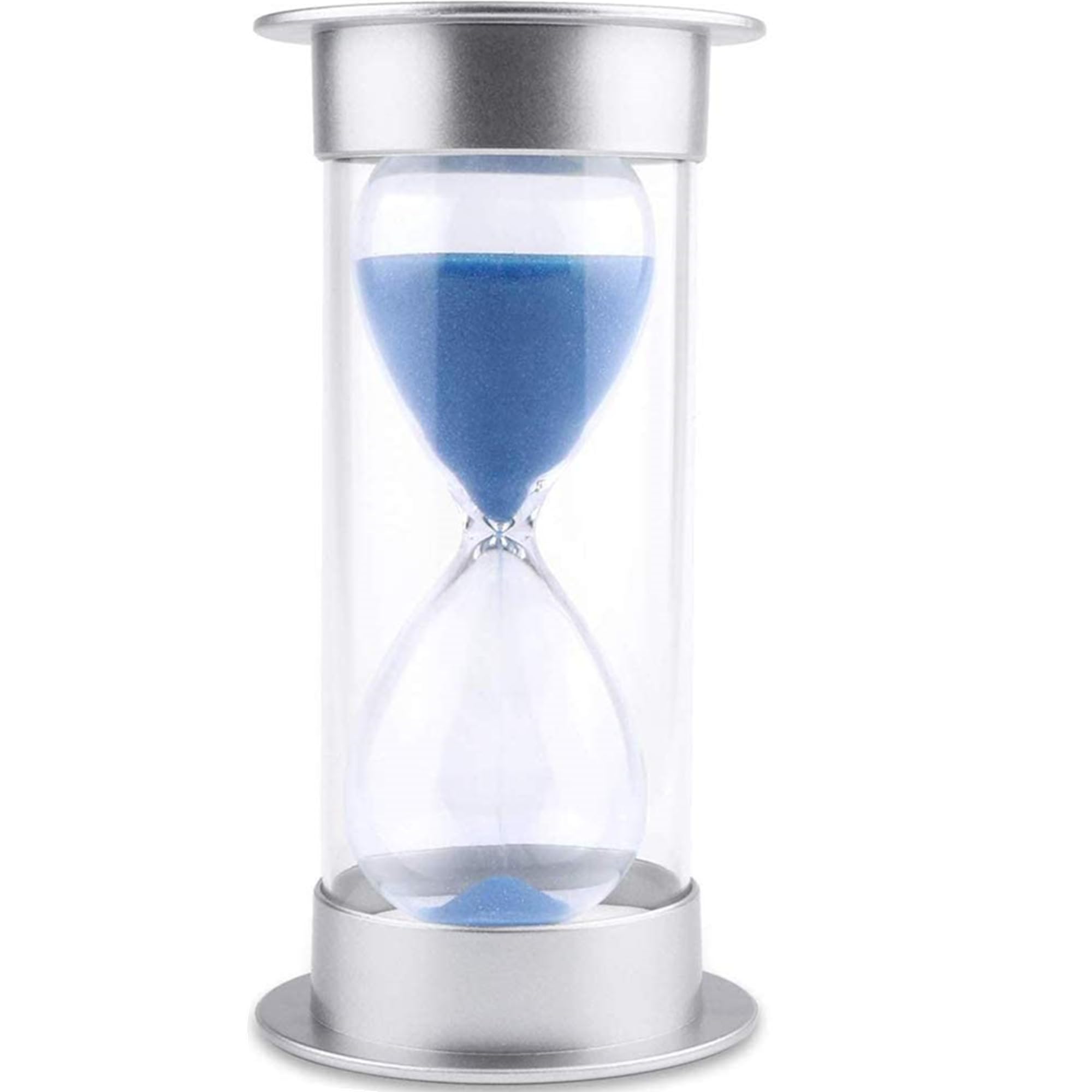 Hourglass Sand Timer 5 Minutes, Dual Protection Hour Glass with Sand, Sand Timer for Kids Safety, Sand Clock Watch, Creative Gift, Living Room Office Decorative (Silver Cover With Blue Sand)