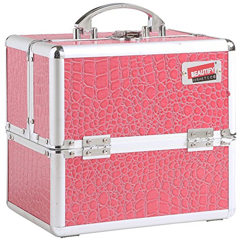 Beautify Professional Aluminum 10" Beauty Cosmetics & Make Up Train Case (Faux Pink Crocodile)