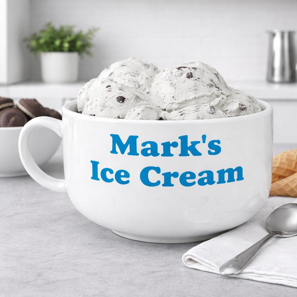 GiftsForYouNow White Ceramic Personalized Ice Cream Bowl with Handle, 32 Ounce Capacity, Microwave and Dishwasher Safe, Ice Cream Bowls for Kids, Dad, Custom Name, Sundae Bowl