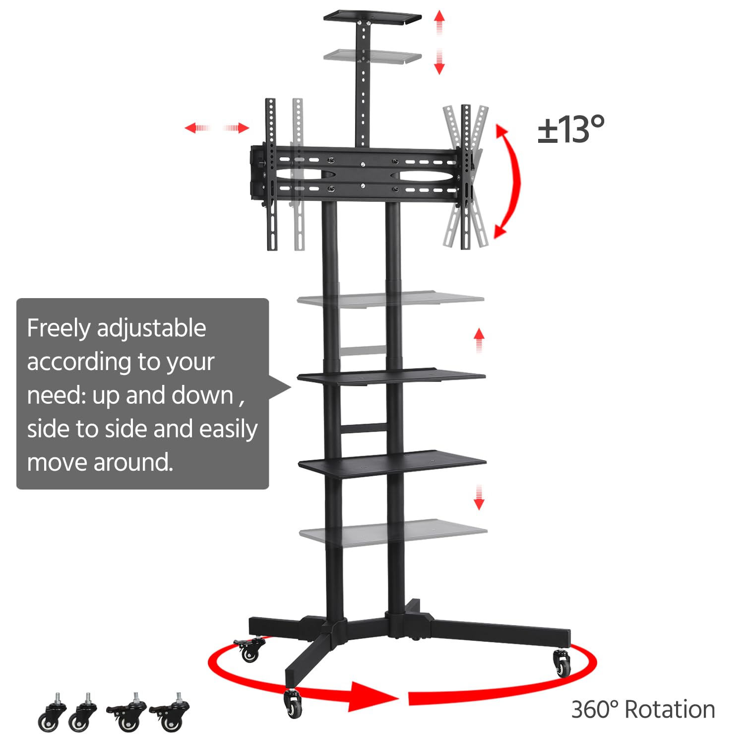 Yaheetech Supporto/Carrello TV Pavimento per Schermi LCD/LED/PLASMA 30-60 Pollici con Ruote Portata 50 kg Max VESA 600 x 400 mm 3 Ripiani Altezza Regolabile Gestione di Cavi Portata 50 kg