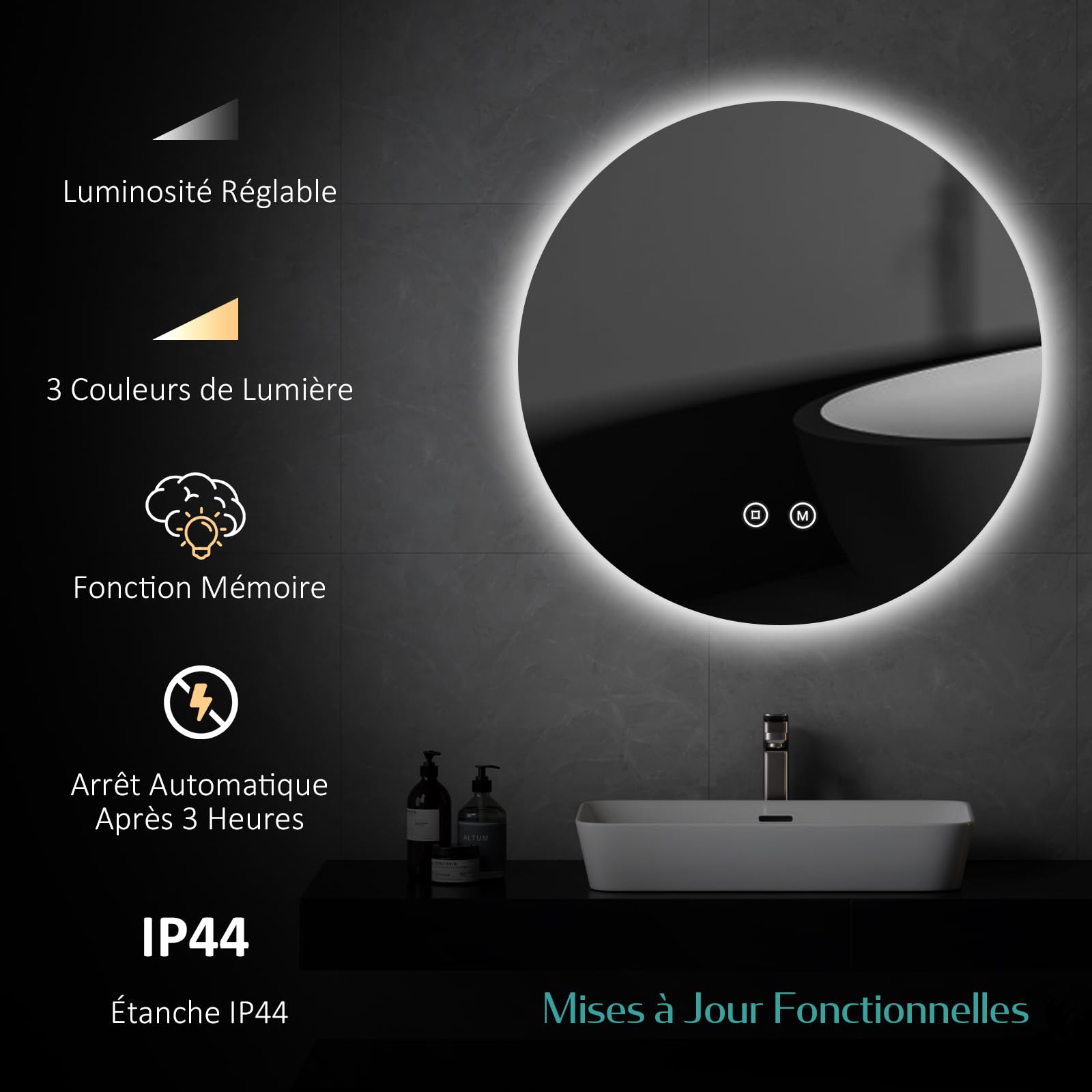 EMKE Miroir Salle de Bain avec Eclairage Rond diamètre 80 cm | Interrupteur Tactile, Miroir LED Salle de Bain, 3 Couleurs de lumière Variable,Miroir Salle de Bain