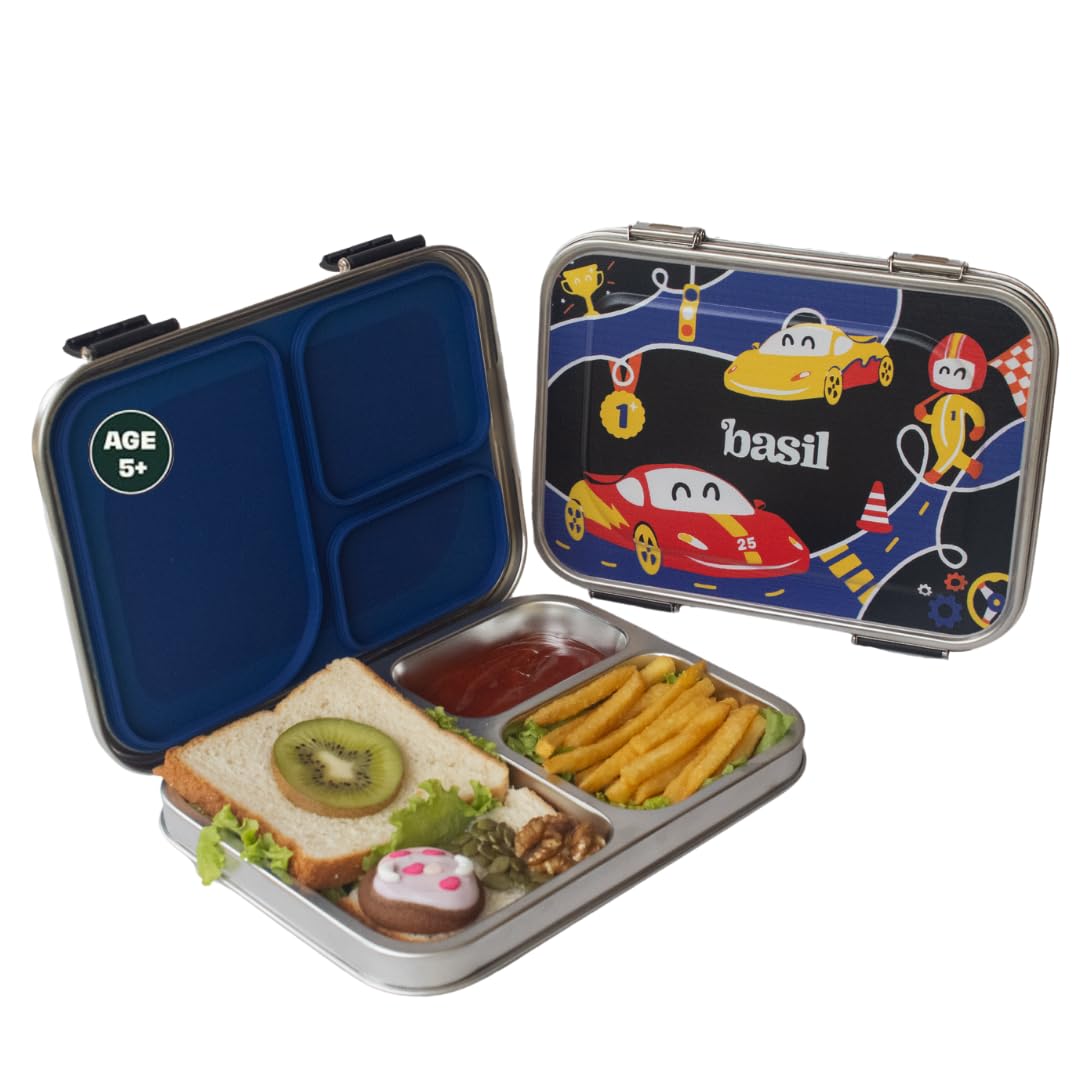 Basil Bento Box – 900 ml 3-Compartment Stainless Steel Lunch Box for Kids | Leak-Proof Tiffin for School | Black Car