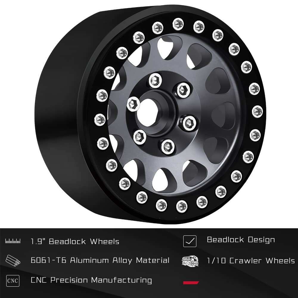 GLOBACT 1.9" Beadlock Wheels For RC Crawlers - 4Pcs Metal Rims For Axial SCX10, TRX4, Redcat (Black)