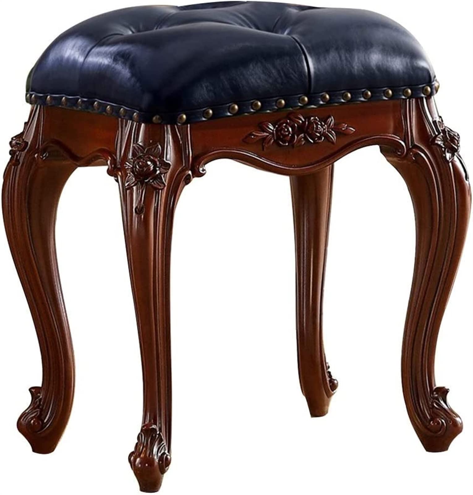 GRDDBZA Vanity Bench with Padded Cushion, Vanity Chair Benches Vanity Carved Dressing Stool Bedroom Makeup Stool Solid Wood Makeup Stool Household Shoe Changing Stool(Blue), 40x30x47cm