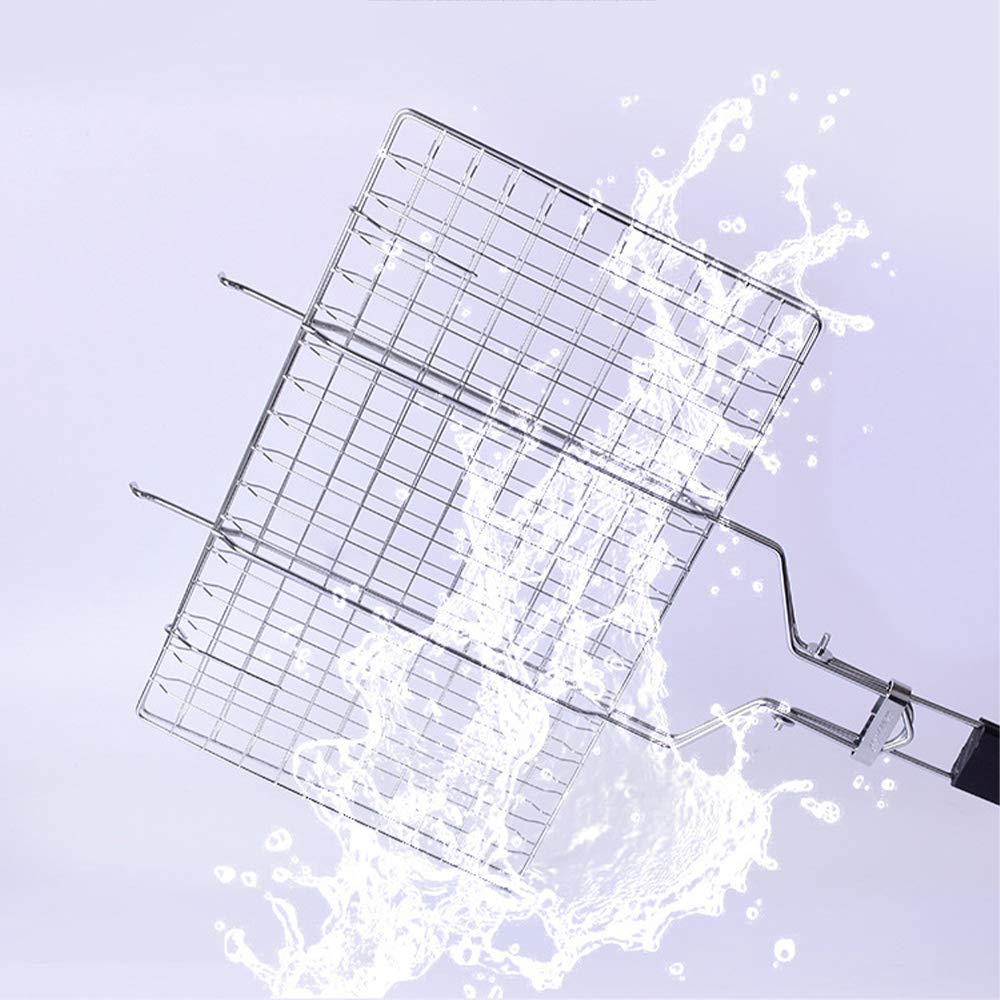 Cestello per verdure per grigliare, cestello per grigliate di pesce, accessori per barbecue, griglia per barbecue pieghevole in acciaio inossidabile con manico in legno rimovibile per cucinare alla