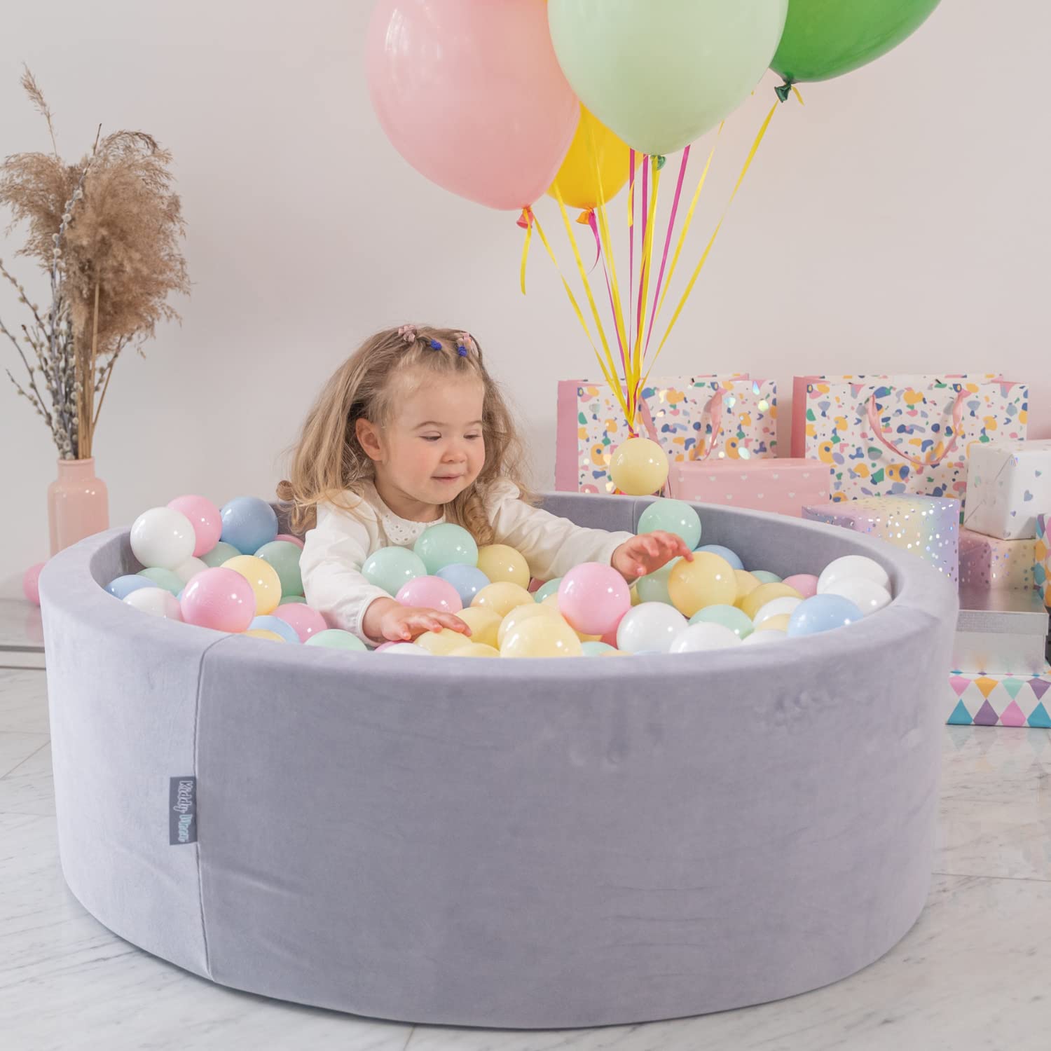 KiddyMoon Piscine À Balles pour Bébé Velours Rond 90X30cm/200 Balles 7Cm Fosses À Boules Jouet Enfant, Rose des Sables: Beige Pastel/Blanc/Perle