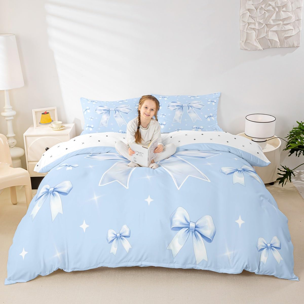 Homewish Blue Bowknot Duvet Cover Cute Princess Style Double Bed Set for Kids Boys Girls Ribbon Bows Bedding Set White Stars Print Quilt Cover 3Pcs Bedroom Decor