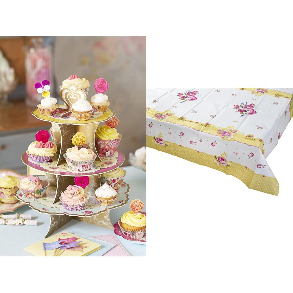 Talking TablesTea Party Decorations Floral Cake Stand | Paper, 3-Tier Pink, Blue, Yellow & Truly Scrumptious Tea Party Floral Table Cover Rectangular, Paper, Pink and Yellow, 180 x 120cm, 70" x 47"