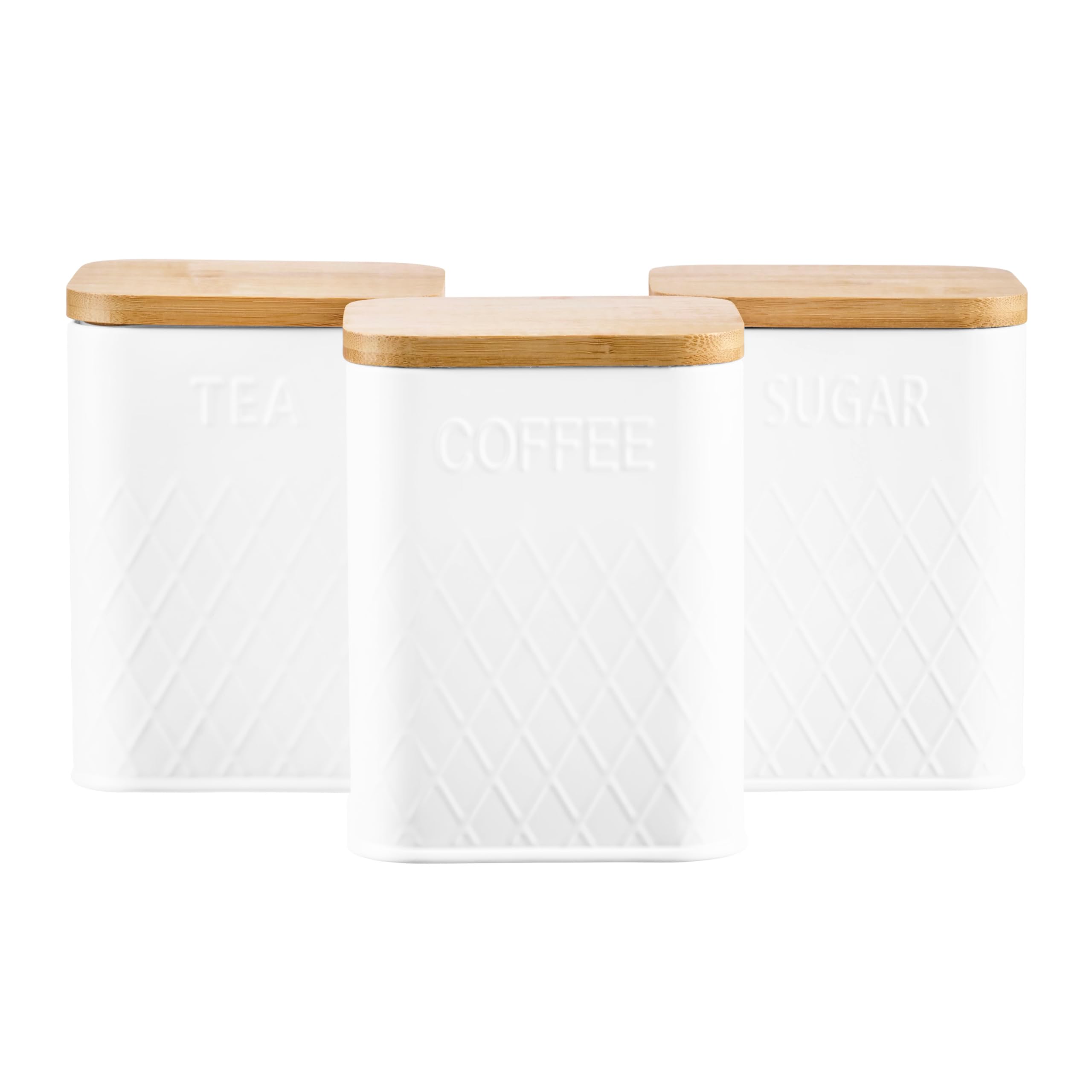B&Q -  3 Piece TeaCoffee & Sugar Square Cannister Jar Bin Set With Bamboo Lids & Diamond PatternWhite
