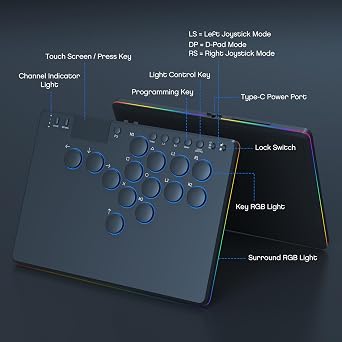 14 Keys Leverless Controller Arcade Stick with RGB All-Button Arcade Controller Supports Hot Swap for Switch/Ps 4/PC Gaming