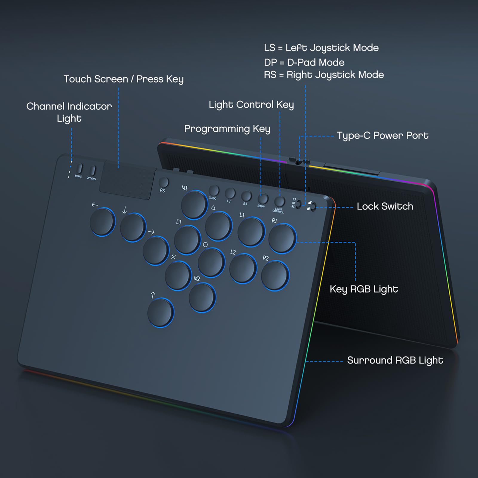 Kexpery Controller Arcade senza Leva 14 Tasti RGB per Console PC Supporta Cambiamento a Caldo per Switch PS4