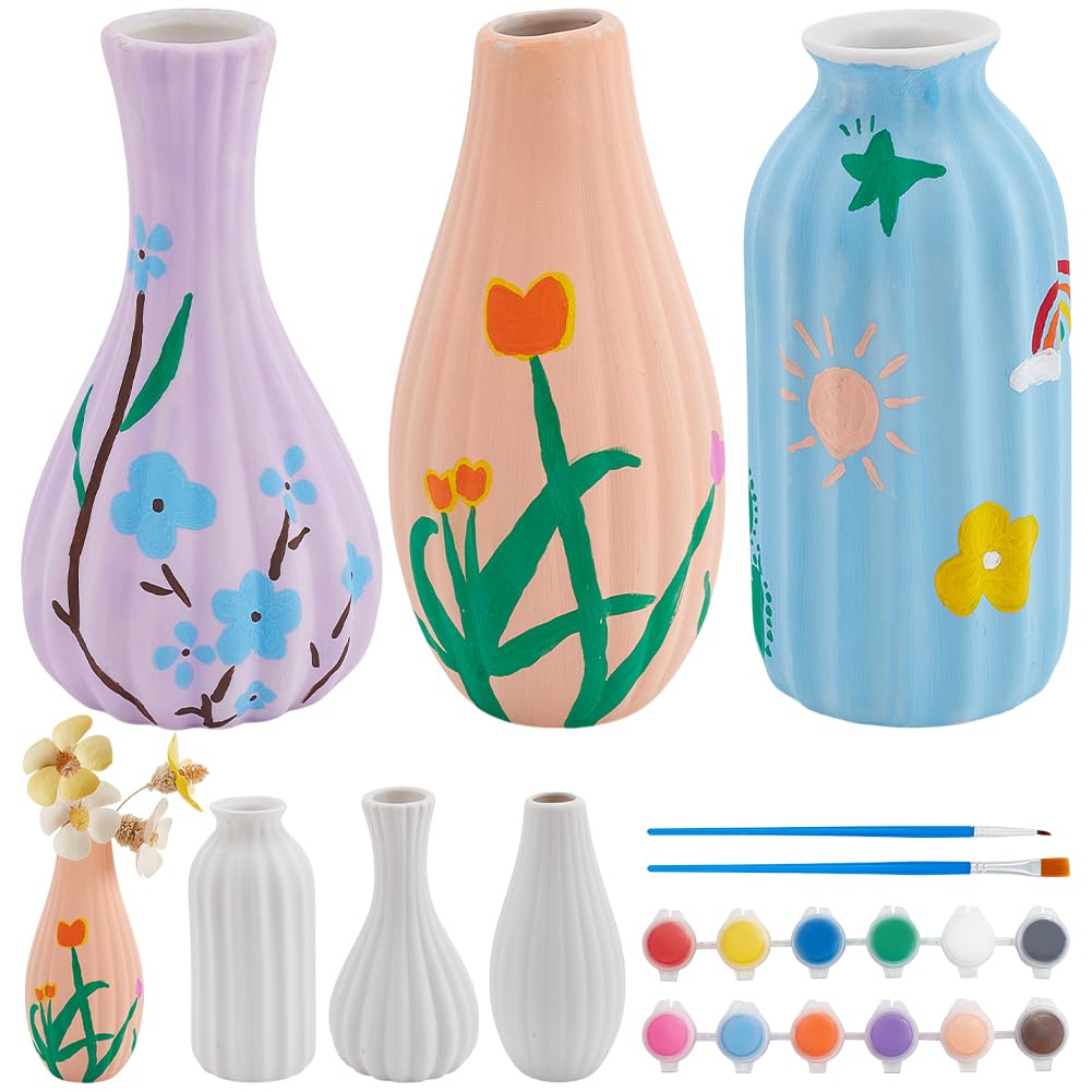 WEBEEDY 3 Sizes Ceramic Pots Paint Kit DIY Ceramic Vase for Adults Beginner Painting Unpainted White Vase Decorating Activity Kit for Desk Christmas Birthday Gift