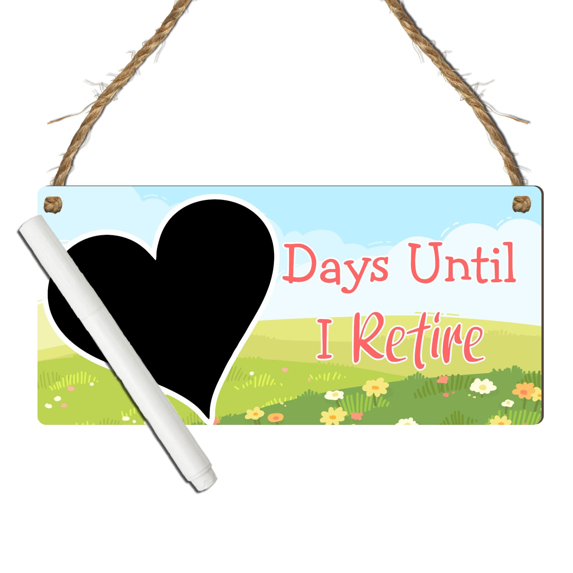 Days Until I Retire Countdown Plaque - Decorative Hanging Sign with Multiple Retirement-Themed Designs | Countdown Chalkboard Sign, (Fields Of Flowers, With Pen, Large: 29 cm (H) × 13.5 cm (W))