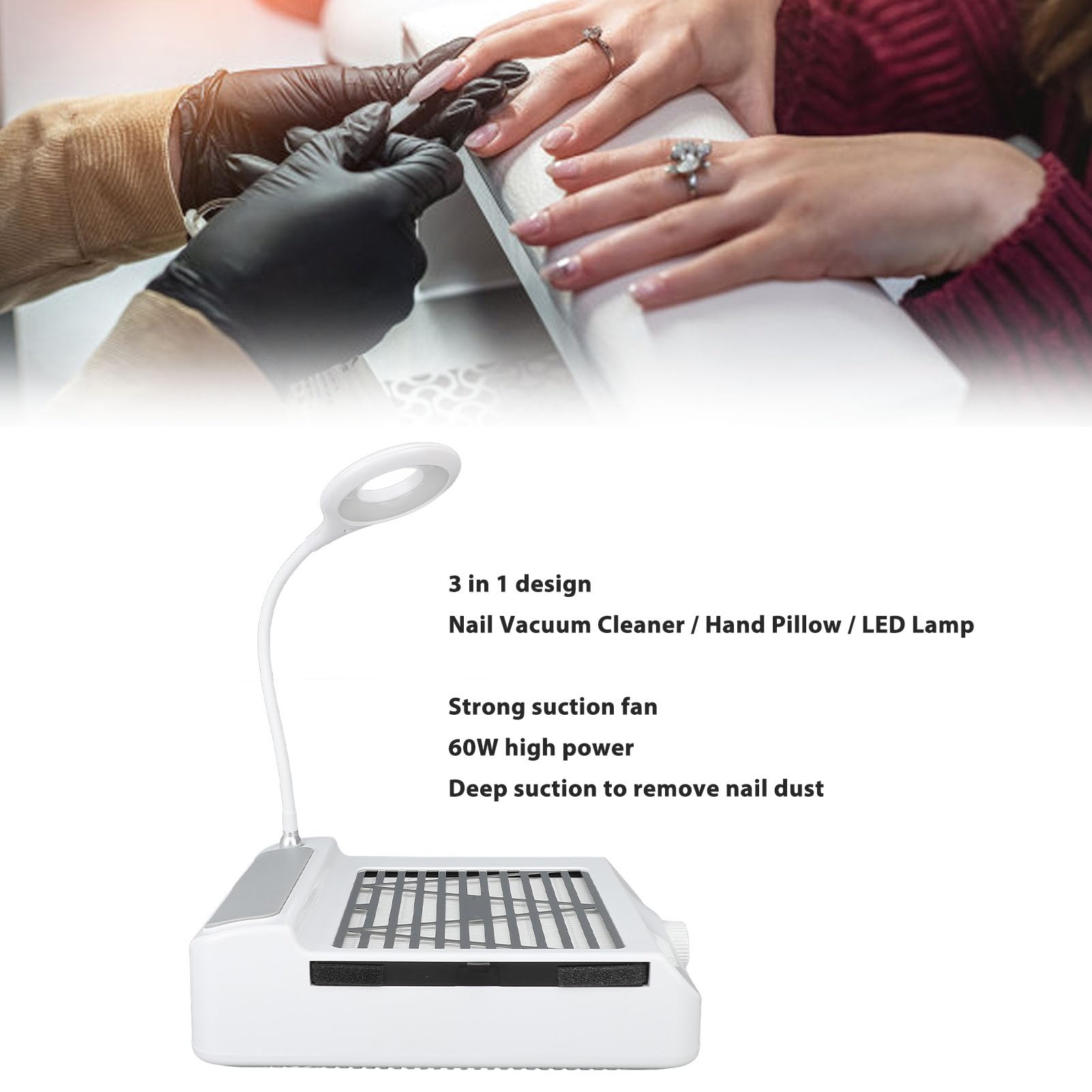 Nail Dust Collector, Portable Powerful Nail Vacuum Fan Vent Dust Collector, Nail Dust Extractor Manicure Tool with Hand Pillow LED Lamp for Acrylic Nail Poly