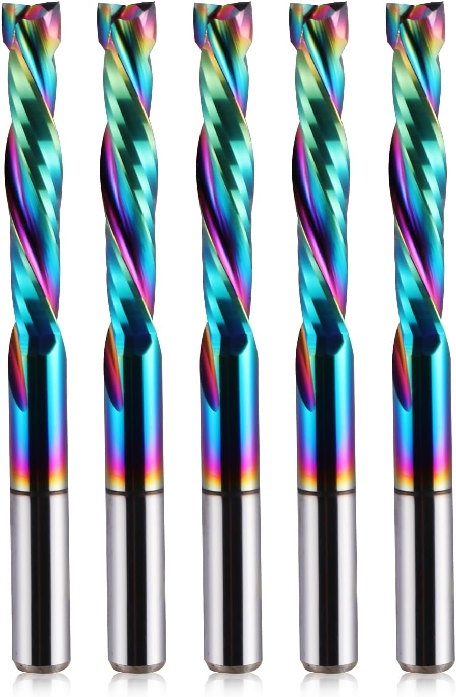 EU_HOZLY 5Pcs DLC Coating UP Down Cut 2 Flutes Spiral Carbide Milling Tool CNC Router Bit Compression Wood End Mill 4mm Shank 4mm Cutting Diameter 22mm CEL