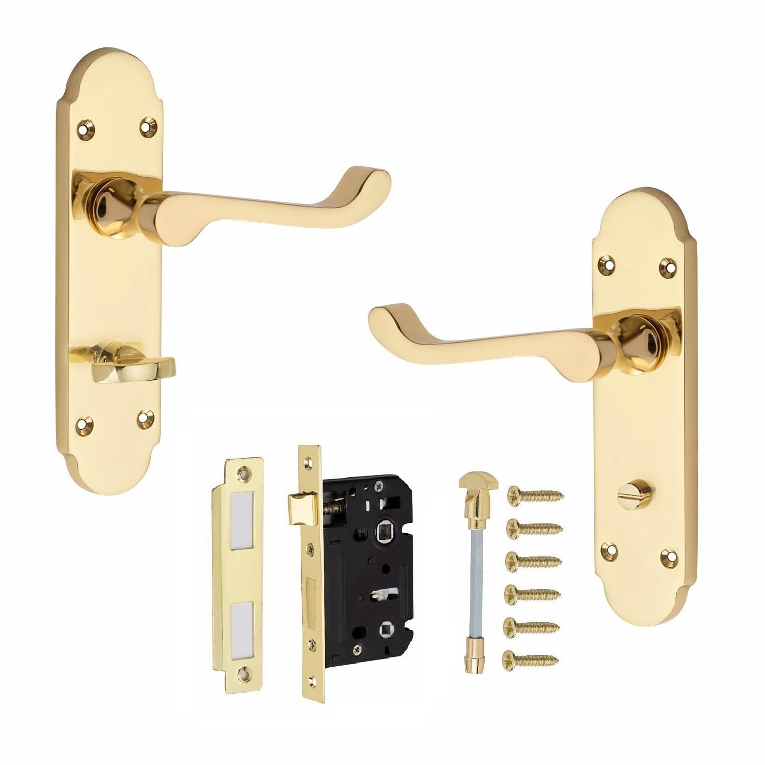 Golden Grace Polished Brass Victorian Scroll Bathroom Handle With 2.5" Bathroom Mortise Lock Finish 168Mm X 40Mm