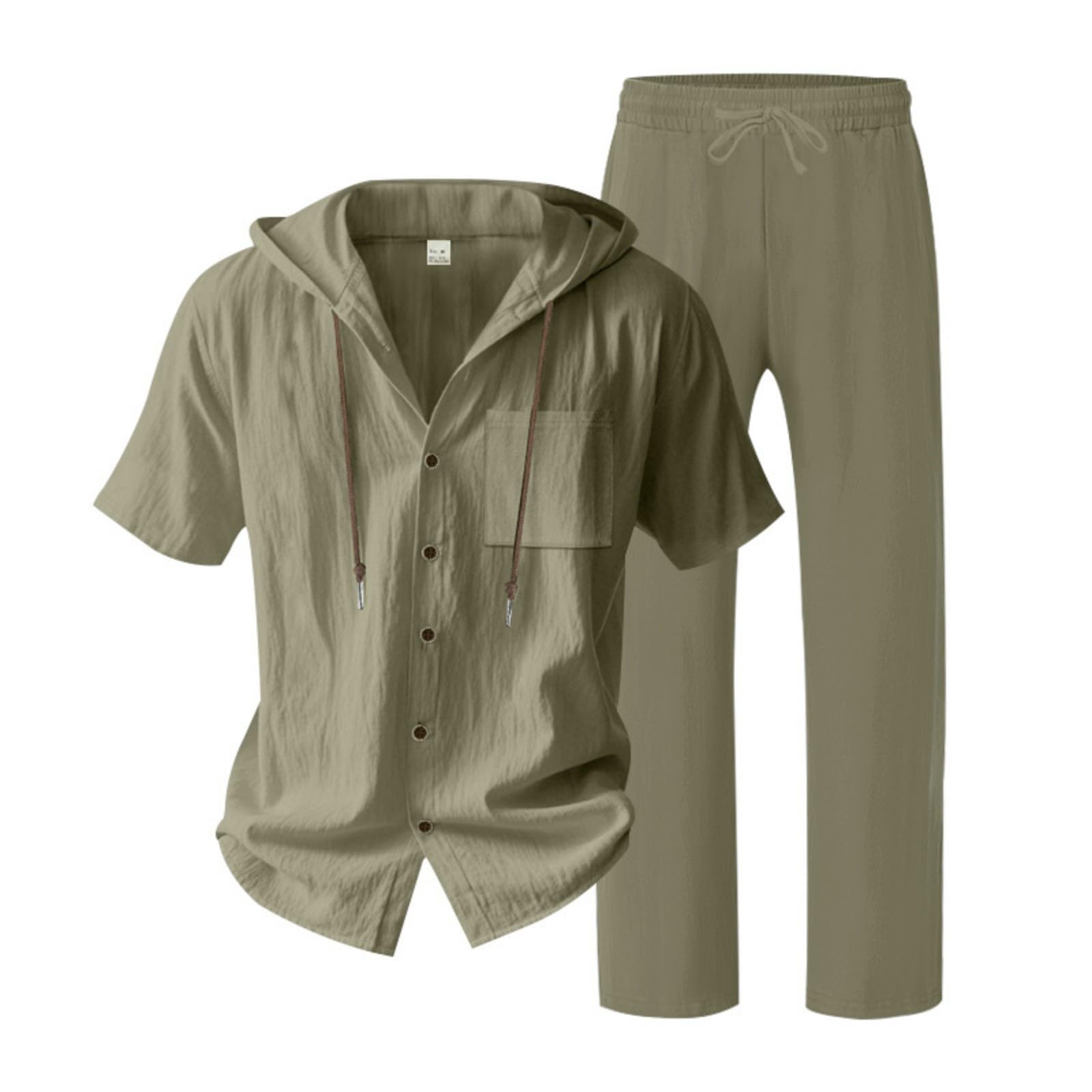 Sommeranzug Herren Leicht Leinen Set Kurzarmhemd Und Hose Sommer Outfit Set 2 Teiliges Strandanzug Einfarbig Casual Hawaii Kostüm mit Kapuze Freizeitanzug Leinenanzug