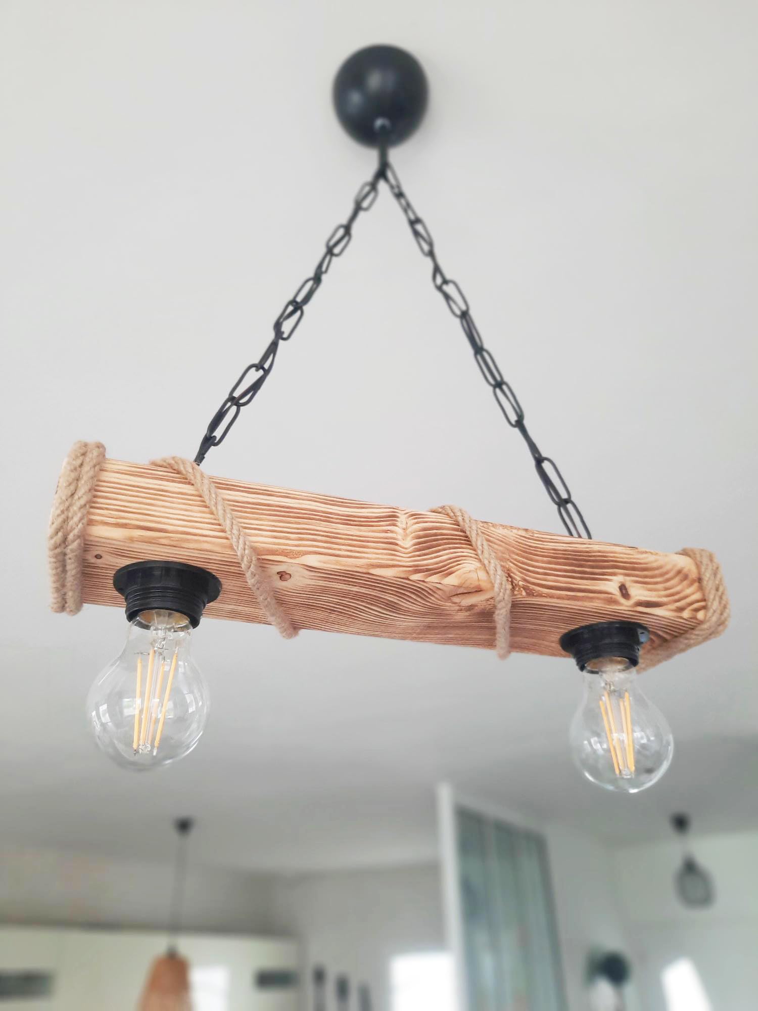 Lámpara colgante de cuerda de madera de estilo industrial con 2 bombillas (E27)