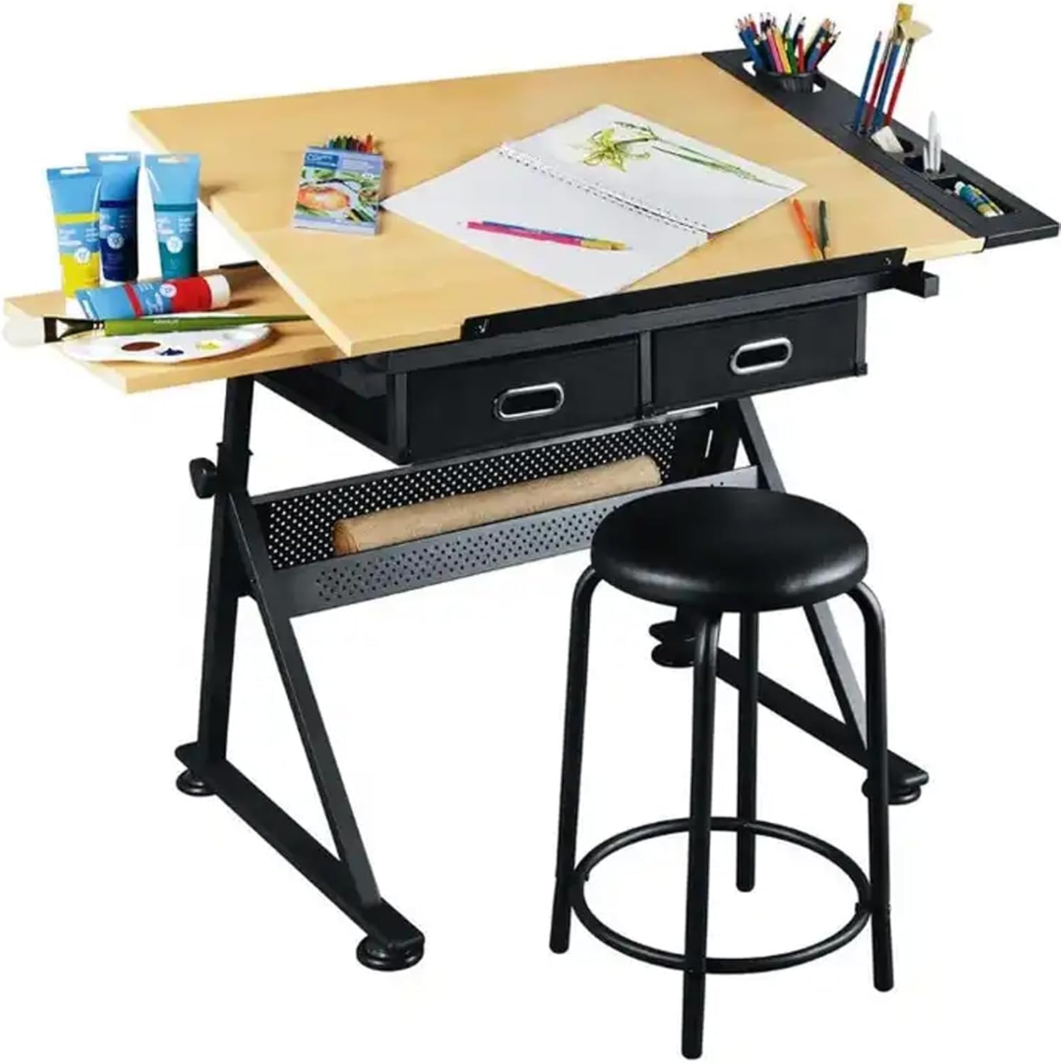 Drawing Tables for Artists, Height & Angle Adjustable Art Craft Drafting Table, Metal Frame Glass with Stools and Drawers Tabletop,Tiltable Art Craft Desk Work Station for Painting, Writing (black)